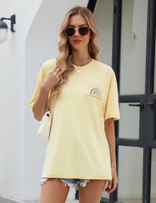 heekpek Oversize T-Shirt Women's Cotton Crew Neck Short Sleeve T-Shirt Loose Breathable Summer Tops Casual Basic T-Shirt for Teenage Girls with Rainbow and Floral Print View 2