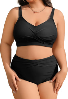 heekpek Women's Bikini Set Tummy Control Swimsuit Large Sizes Two Piece Women's Summer Swimwear V-Neck High Waist Bikini Plus Size Women View 1