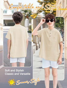 heekpek Henley Boys' Short-Sleeved Shirt Button Up Summer Cotton Children's Shirt T-Shirt with Chest Pocket View 3