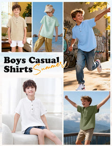 heekpek Henley Boys' Short-Sleeved Shirt Button Up Summer Cotton Children's Shirt T-Shirt with Chest Pocket View 2